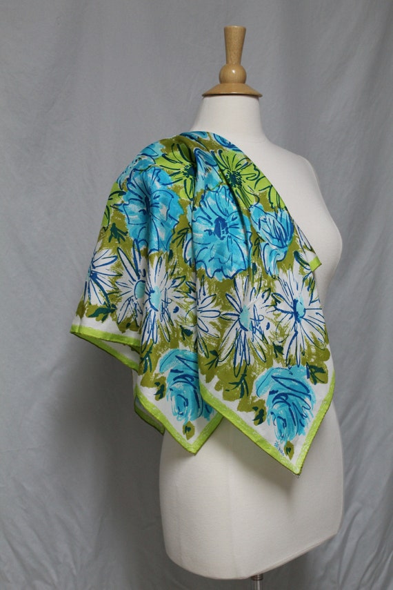 1960s Vera Floral Silk Scarf, Blue and Green Flora