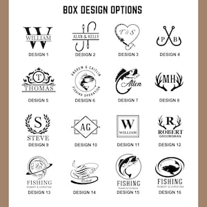 Pode incluir: Uma cole&ccedil;&atilde;o de dezasseis op&ccedil;&otilde;es de design de caixas a preto e branco. Os designs incluem iniciais, nomes, gr&aacute;ficos com tema de pesca e elementos decorativos. O texto inclui "WILLIAM", "ALAN & KELLY", "THOMAS", "STEVE", "ROBERT GROOMSMAN" e "FISHING".