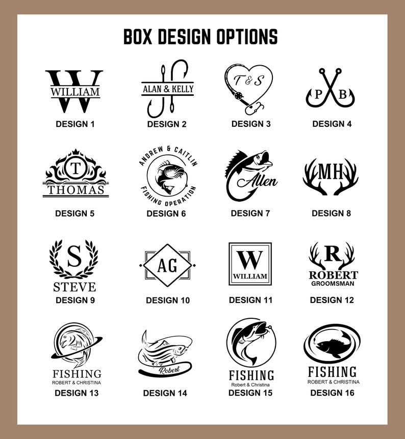 Pode incluir: Uma cole&ccedil;&atilde;o de dezasseis op&ccedil;&otilde;es de design de caixas a preto e branco. Os designs incluem iniciais, nomes, gr&aacute;ficos com tema de pesca e elementos decorativos. O texto inclui "WILLIAM", "ALAN & KELLY", "THOMAS", "STEVE", "ROBERT GROOMSMAN" e "FISHING".