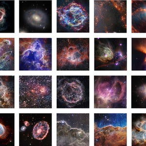 Könnte beinhalten: Eine Collage aus 20 Bildern, die verschiedene Nebel im Weltraum zeigen. Die Bilder zeigen leuchtende Farben, darunter Rot, Blau, Grün und Lila, und zeigen wirbelnde Wolken aus Gas und Staub.