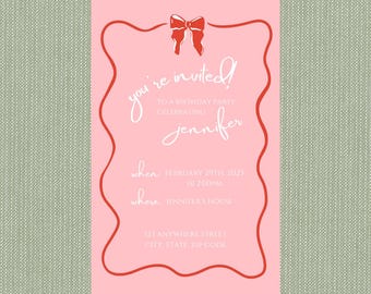 Invitación de cumpleaños editable con lazo rojo y rosa, fiesta de niña, coqueta, invitación para el día de San Valentín, descarga instantánea, descarga imprimible