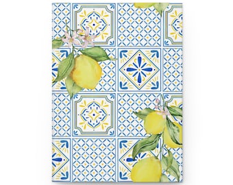 May include: A watercolor illustration of lemons and blossoms on a background of blue and yellow patterned tiles. The tiles are arranged in a grid pattern.