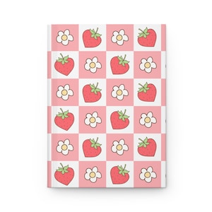 Retro Strawberry Hardcover Journal, Floral Notebook, Daily Planner, Gift for Teens, Aesthetic Stationery