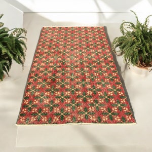 Puede incluir: Una alfombra roja y verde con un diseño geométrico. La alfombra tiene un borde con flecos y está hecha de un material tejido.