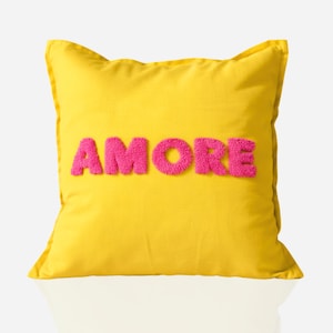 AMORE cushion cover 50 x 50 cm Yellow Pink | Dopamine Decor | Love | Decoration | Gift | Love | Punch needle | Handmade finishing image 1