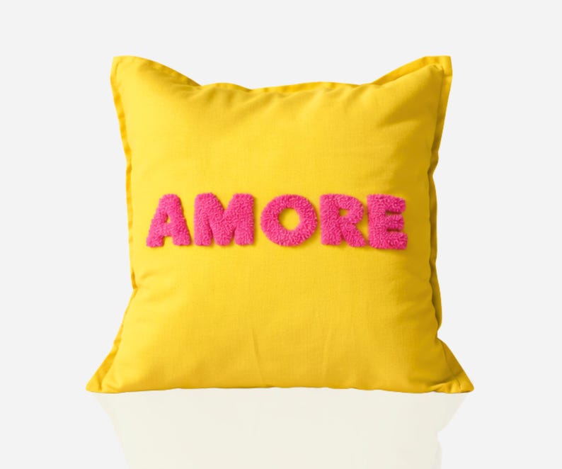 AMORE cushion cover 50 x 50 cm Yellow Pink | Dopamine Decor | Love | Decoration | Gift | Love | Punch needle | Handmade finishing image 1