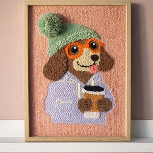 Handmade punch-needle wall art - dog with coffee | 40 x 30 cm | Framed textile art