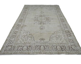 200x300 Oushak Teppich, Vintage Türkischer Teppich, Ausgeblichener Neutraler Wollteppich, Handgeknüpfter Anatolischer Teppich
