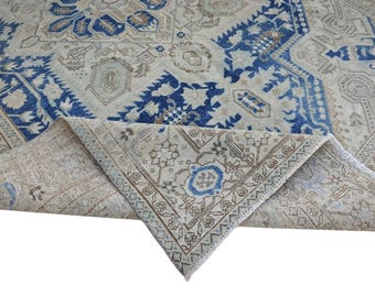 Handknotted 7x10 Oushak Rug: Vintage Turkish Wool Carpet, Muted Beige Blue Tones