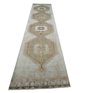 Extra Long Runner 3x14 ft, Neutral Vintage Runner, Turkish Runner, Muted Oushak Runner, Beige Runner, Hallway Runner Rug, 3.1x13.6 feet
