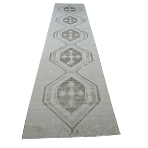 3x15 Neutral Oushak Runner Rug, Muted Wool Runner, Handknotted Long Hallway Runner