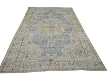 7x10 Blue Beige Oushak Rug, Vintage Turkish HandKnotted Wool Rug, Farmhouse Decor