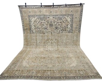 9x12 Vintage Heriz Rug: Neutral Faded Oushak Area Rug