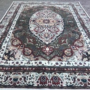 9x12 Antique Turkish Rug, Handknotted Wool Green and Red Rug