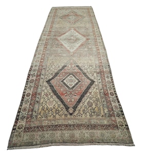 3.5&#39;x10.4&#39; Unique Persian Runner, Antique Wool Runner Rug for Hallway, Handwoven Long Kitchen Carpet, Vintage Geometric Runner 3x10