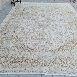 9x12 Area Rug, Beige - Brown- Light Blue Rug, Handknotted Wool Rug, Antique Rug, Neutral Turkish Rug, Oushak Rug, Oversize Rug