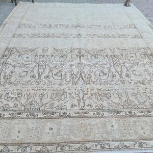 10x12 Faded Turkish Rug, Handknotted Vintage Oushak Neutral Wool Area Rug, 10x12 Area Rug, Abstract Rug, Oversize Rug