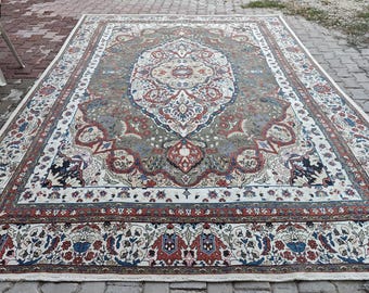 Antiker Oushak-Teppich (274 x 366 cm), luxuriöser türkischer Wollteppich, handgeknüpfter rot-grüner Vintage-Teppich