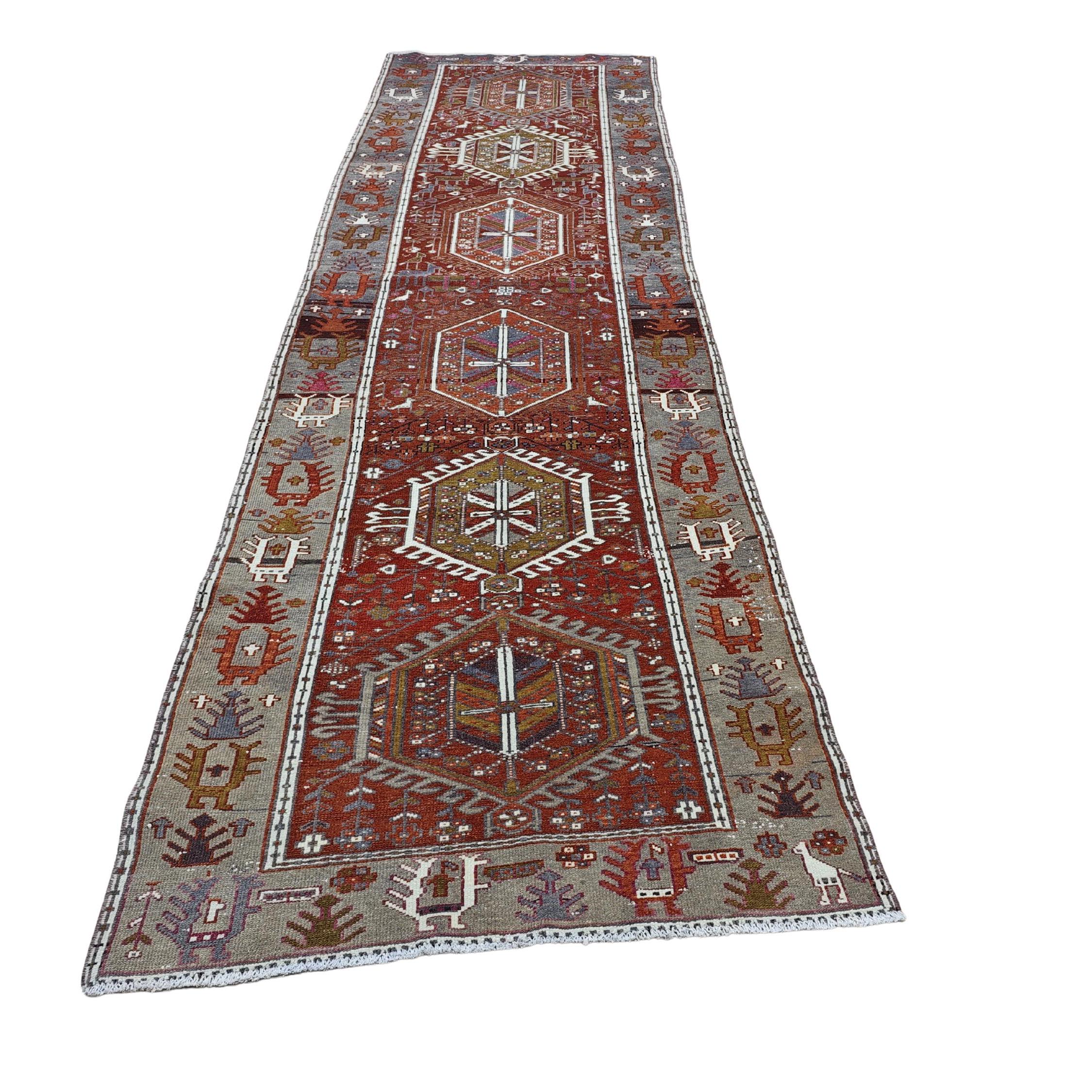 3x11インチのペルシャランナーラグ：ヴィンテージ幾何学模様の廊下用