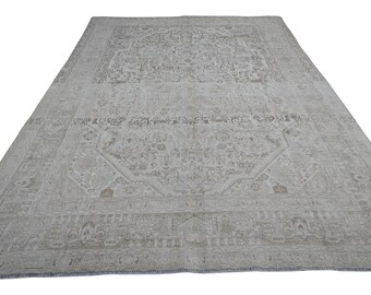 9x12 Heriz Neutral Rug, Vintage Oushak Area Rug, Handknotted Wool Carpet