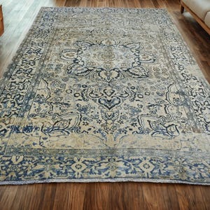 8x11 Vintage Turkish Rug, Faded Blue Beige Oushak Area Rug
