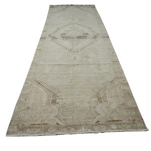 4.5&#39;x13.2&#39; Wide and Long Neutral Runner, Handknotted Vintage Wool Carpet, Hallway Runner Rug