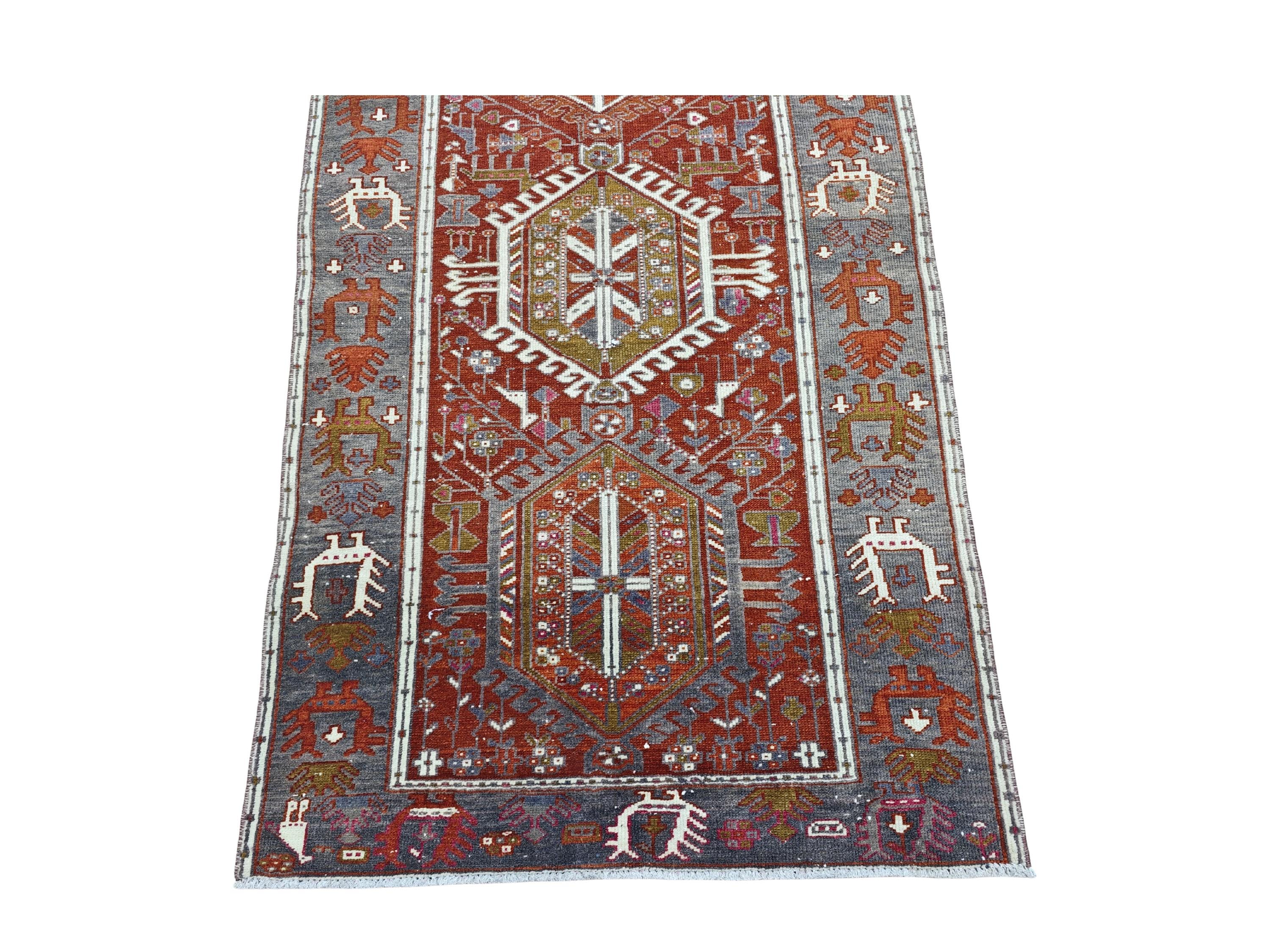 3x11インチのペルシャランナーラグ：ヴィンテージ幾何学模様の廊下用