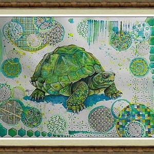 Tortue. 11 x 14 po. Peinture originale technique mixte. Signée à la main.