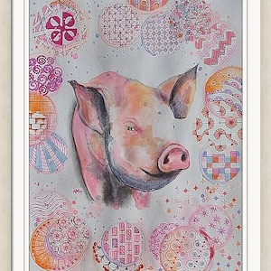 Maialino Pony Rosa. Dipinto originale con tecnica mista, 23x30 cm. Firmato a mano.