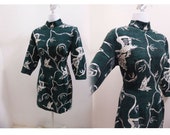 Vintage Cheongsam Dress Size M Green White Crane Bird Chinese Wiggle Cotton Vtg