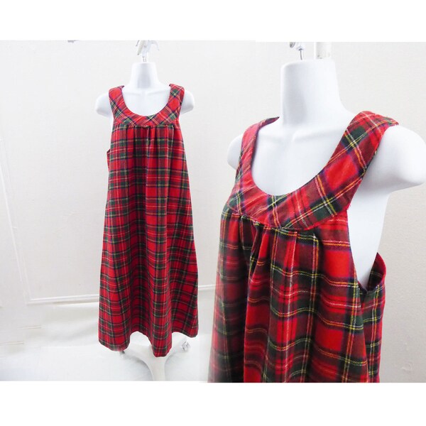 Vintage Pinafore Dress size L Red Tartan Plaid Wool Disco Secretary Vtg 80s