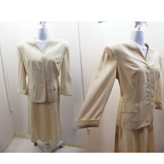 Vintage 40s Linen Suit Size M L Cream White Jacket