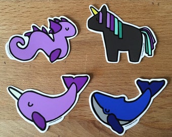 Cute Vinyl Stickers: blue whale, purple narwhal, purple sea serpent, black unicorn