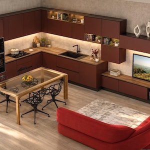May include: A modern open-concept living space featuring dark red cabinetry with integrated lighting, a glass-topped dining table with black wire chairs, a matching red sofa, and a wall-mounted television unit with open shelving and wood accents.