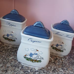 Vintage Goose Herb Jar Set, Ceramic Spice Pots, Cottagecore Kitchen Decor, Farmhouse Storage Jars, Oregano Pepper Mixed Herbs