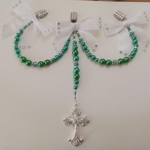 Christening cross  Bow Romany Triple Clip Hanging Pram Charm Shamballa Pearl New Baby Gift Christening 2 green and white match dummy clip