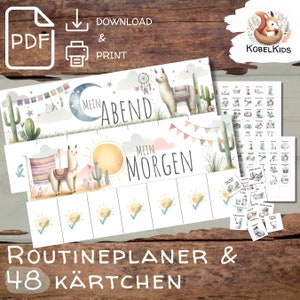 PDF Vorlage Routineplan Morgen- & Abendroutine für Kinder Lama Boho zum ausdrucken selbst drucken Montessori digitaler Download Geschenk