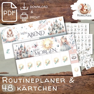 PDF Vorlage Routineplan Morgenroutine Abendroutine Kinder Prinzessin Mädchen ausdrucken drucken Montessori digitaler Download Geschenk rosa