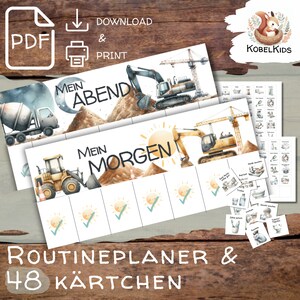 PDF Vorlage Routineplaner Morgen- & Abendroutine für Kinder Baustelle Bauen Bagger ausdrucken selbst drucken Montessori digitaler Download