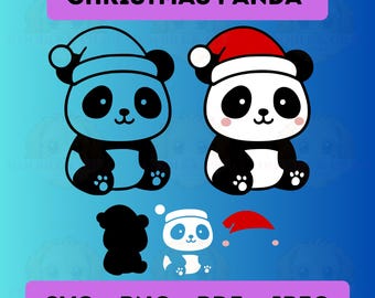 Xmas Panda SVG Outline + Multicolour Layered Design, Kawaii Panda Cricut Cut File, PNG for Stickers Clipart, Digital Download