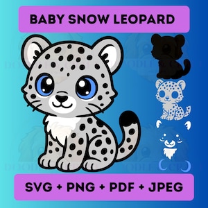 Puede incluir: Ilustración de dibujos animados de un bebé leopardo de las nieves con pelaje gris y blanco y manchas negras. La imagen incluye el texto "BABY SNOW LEOPARD" y opciones de tipo de archivo: SVG, PNG, PDF y JPEG.