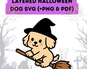 Dog on Broomstick SVG, Kawaii Cute Halloween PNG Cartoon Cockapoo Cavapoo Labradoodle Clipart Digital Download