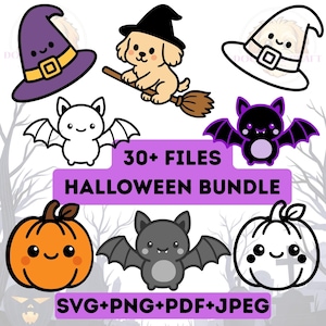Puede incluir: Un conjunto de gráficos digitales con temática de Halloween. Incluye un sombrero de bruja, un cachorro en una escoba, murciélagos y calabazas. El texto "30+ FILES HALLOWEEN BUNDLE" se muestra en una pancarta morada.