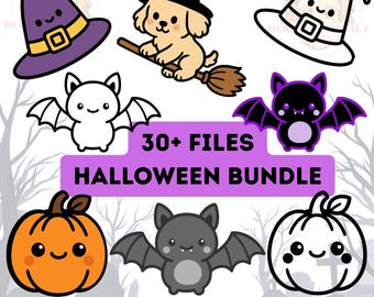 Kawaii Halloween SVG Bundle: Kürbis, Fledermaus, Hexenhut Designs (Digitaler Download)