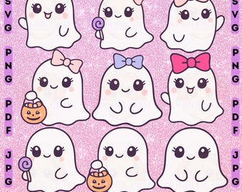 Niedliches Gespenst SVG Bundle Cricut Layered Vinyl, Halloween Mädchen Geist mit Schleife, gruselige Clipart Aufkleber PNG, sofortiger digitaler Download