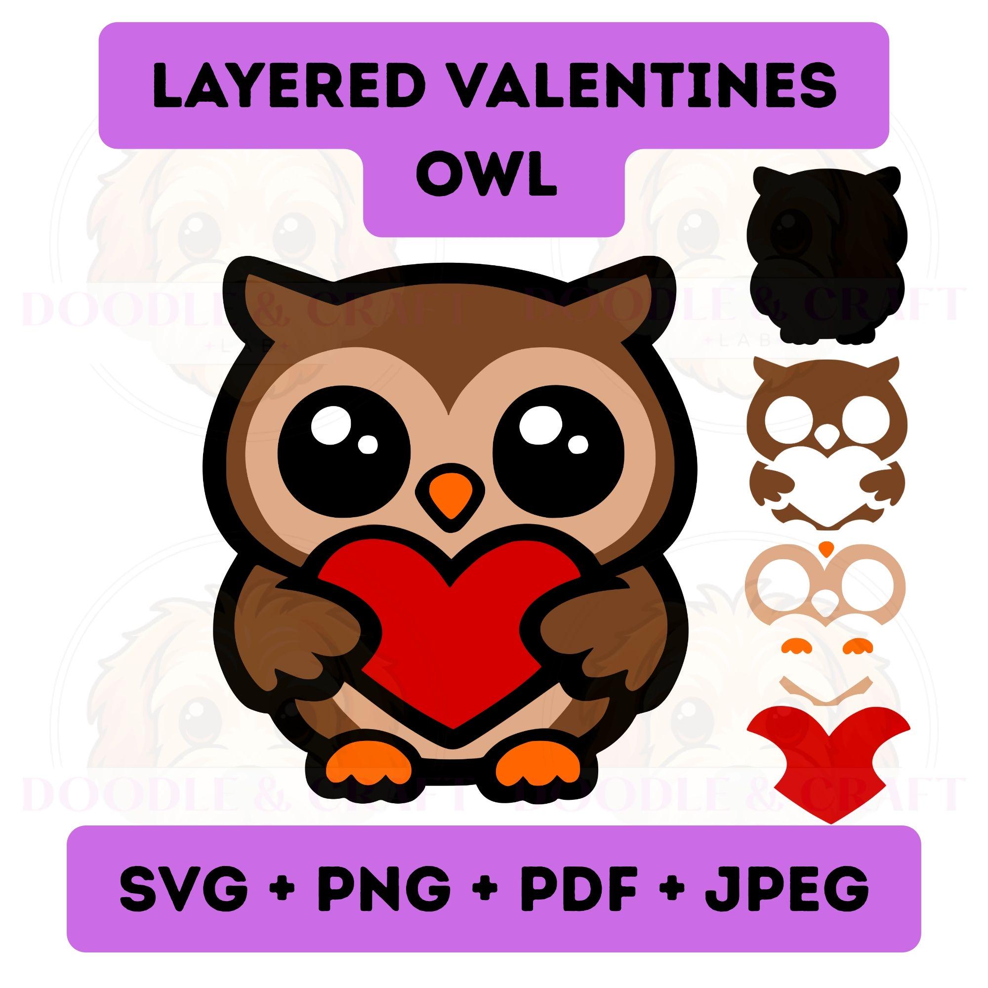 Valentines Owl SVG, Kawaii Love Heart Cartoon Layered Cricut Cut File, Printable Clipart PNG, Digita