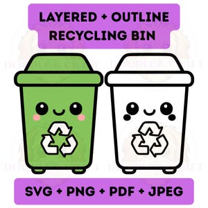 Può includere: Due bidoni della spazzatura per il riciclaggio dei cartoni animati, uno verde e uno bianco, con facce sorridenti e simboli di riciclaggio. L'immagine include il testo "LAYERED + OUTLINE RECYCLING BIN" e "SVG + PNG + PDF + JPEG".