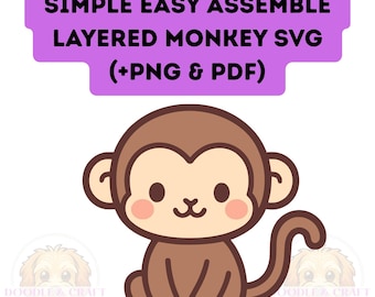 Kawaii niedlicher Affe SVG (plus PNG + PDF): Für einfaches, einfaches, mehrschichtiges Vinyl-3D-Kartendesign (digitaler Download)