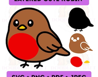 Rotkehlchen SVG, Kawaii Cartoon Layered Cricut Cut Datei, Weihnachten Winter druckbare Clipart PNG, digitaler Download