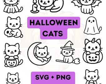 Halloween Katzen SVG Bundle Süße Kawaii Umrisse Katzen Cut-Datei für Cricut Clipart PNG Perfekt für Halloween Dekoration Geschenke Digitaler Download